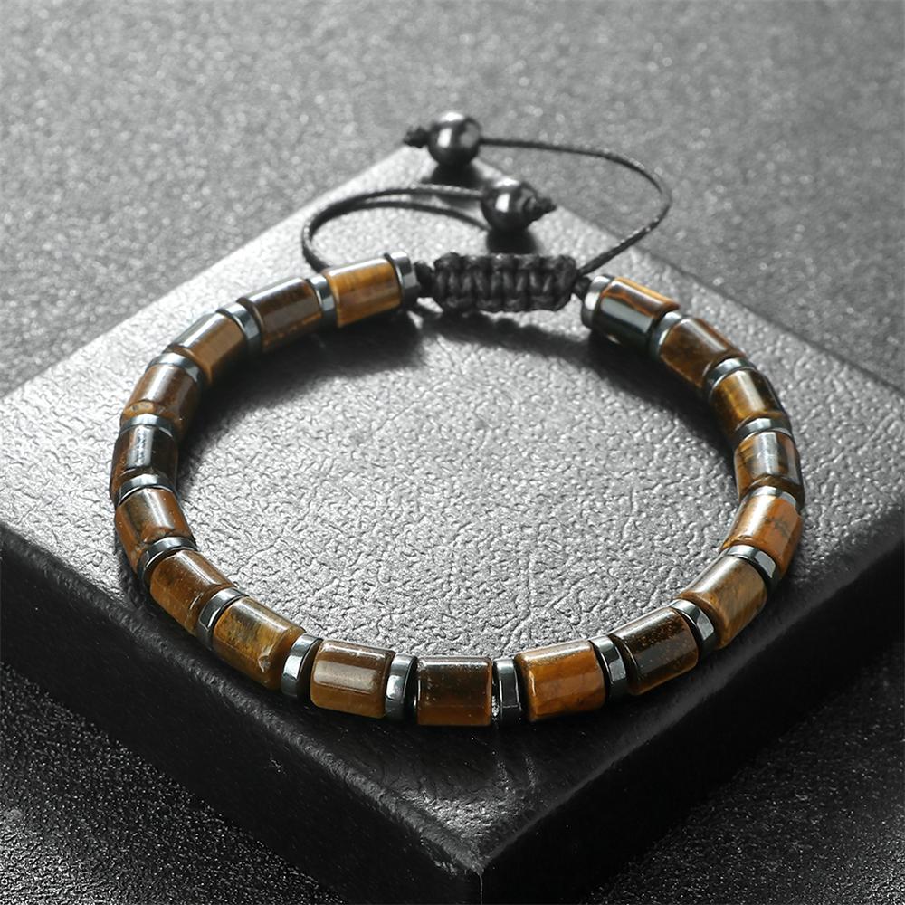 6mm Tiger Eye Onyx Bracelet Adjustable Natural Stone Cylinder Beads Black Obsidian Spacers Stretch Bangle Men Women Gift Jewelry