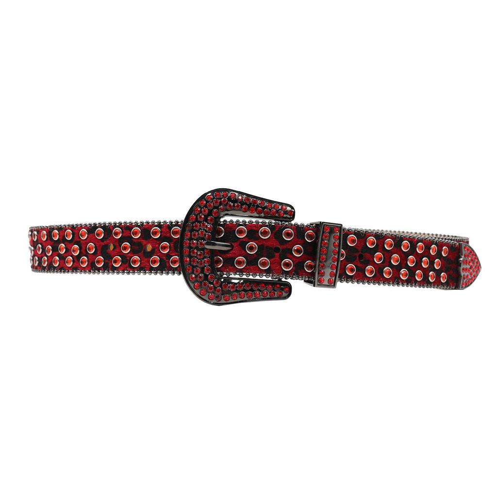 Leopard Print Rhinestone Leather Belt - Y2K Style for Women