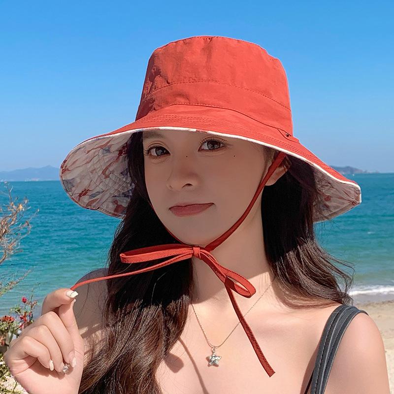 

Korean Summer Large Brim Printed Double-Sided Fisherman Hat Women s Sun Hat Fashionable Outdoor Protection Cap 56-58cm красный