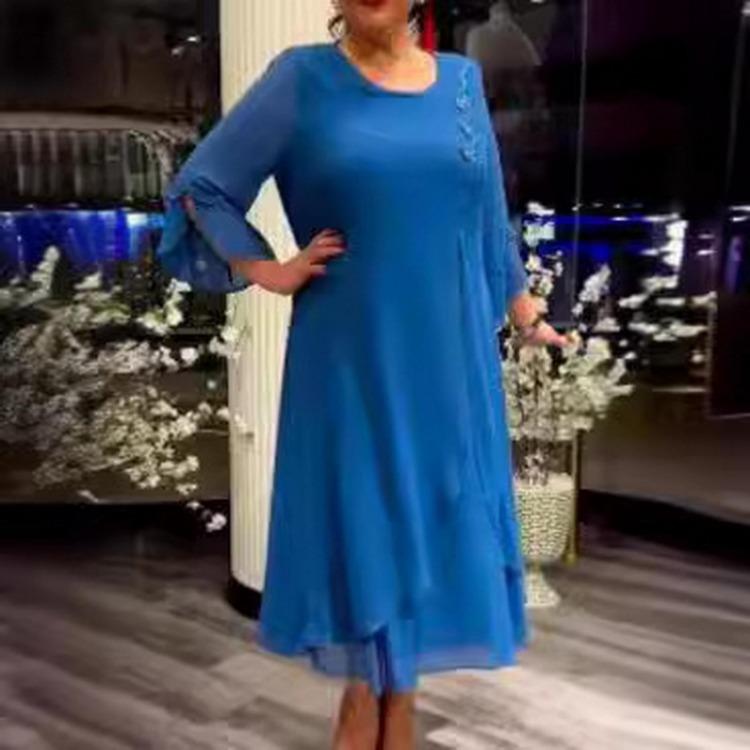 Plus Size Midi Dress for Women Office Daily Wear Fall Spring Parties A Line Layerd Hem Three Quarter Sleeves Round Neck Mid Calf Length