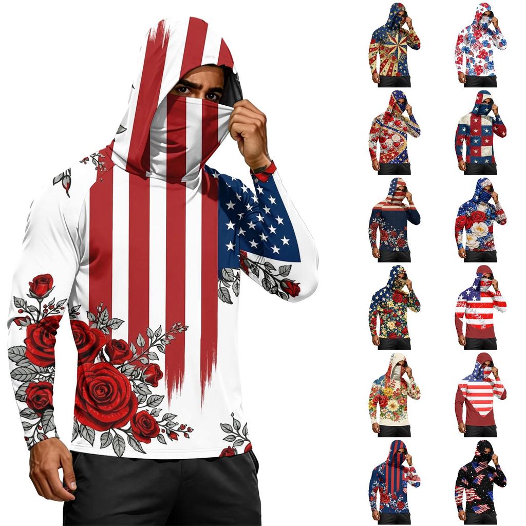 Men's Long Sleeve Lightweight Hoodie with Drawstring Hood and Face Covering Flag Print Casual Pullover Top