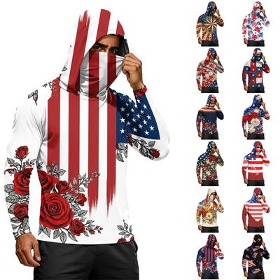 Men's Long Sleeve Lightweight Hoodie with Drawstring Hood and Face Covering Flag Print Casual Pullover Top