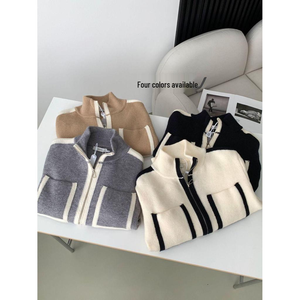 Women's Slim Fit Color Block Knitted Sweater with Stand Collar and Double-Head Zipper