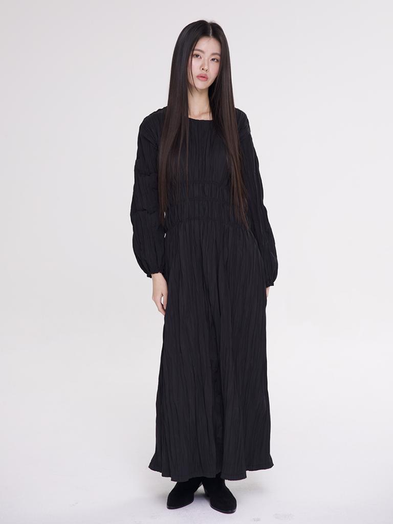 Mermer (2 Colors) Wrinkle Dress Long Sleeve_Black/Khaki Gray