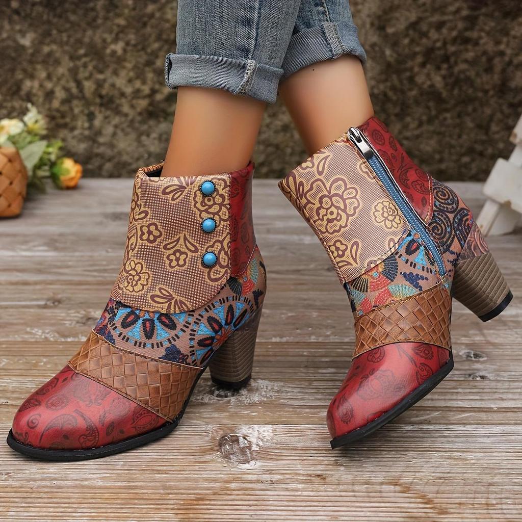 Stivaletti alla caviglia floreali chic per donna - Chiusura con cerniera laterale senza sforzo, comodo tacco spesso, versatili per tutte le occasioni
