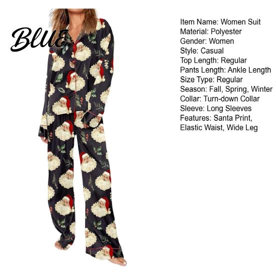 Lightweight Loungewear 2 Pcs/Set Christmas Women Pajamas Suit Satin Santa Printing Lapel Long Loose Fit