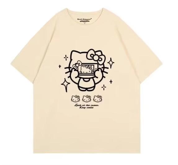 2026 Summer Hello Kitty Look At The Camera Oversized Tshirt High Quality 100 Cotton Pixel Camera Print Unisex Casual Tee