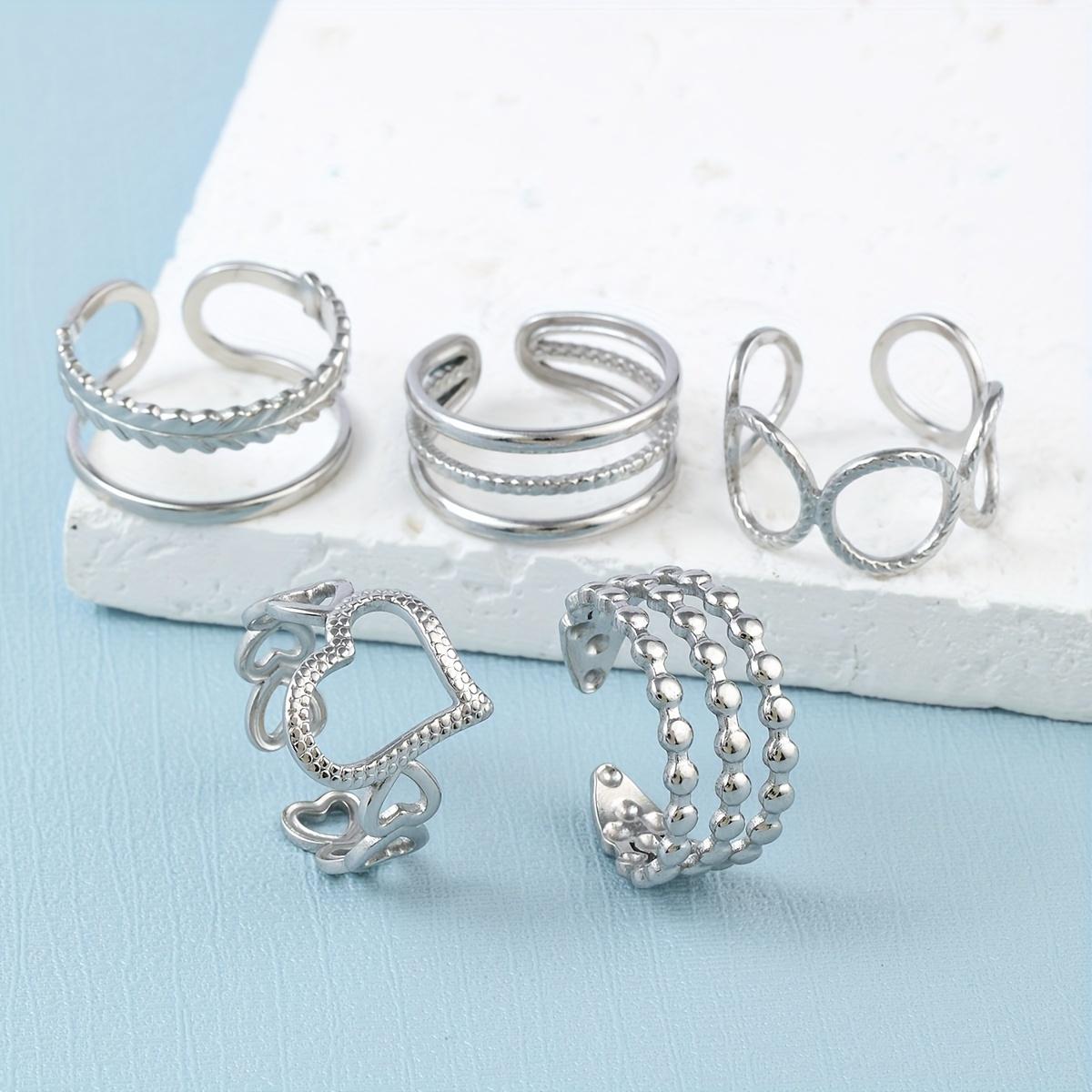 Bohemian style silver stainless steel ring set with heart and leaf patterns suitable for daily wear, weddings, and travel silver Five-piece set