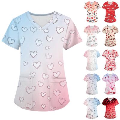 Γυναικεία ρούχα εργασίας με λαιμόκοψη V με κοντό μανίκι με τσέπες εμπριμέ μπλουζάκια για την ημέρα του Αγίου Βαλεντίνου