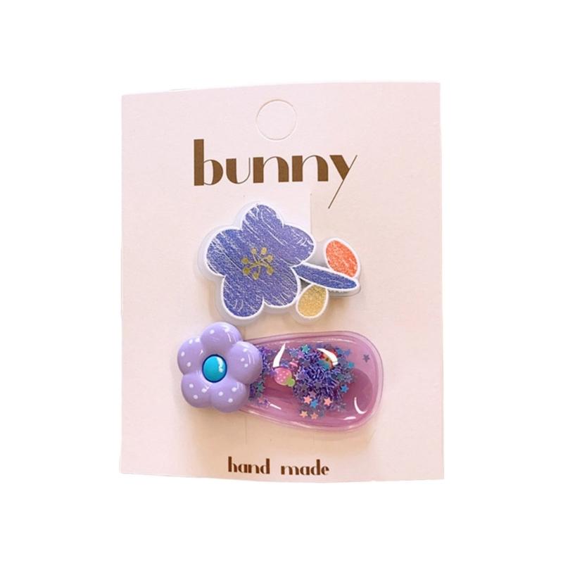 

2PCS Girls Flower Printed Hair Clip Sparkling Glitters Design Soft Plastic Side Clip For Kids Summer Accessories фиолетовый