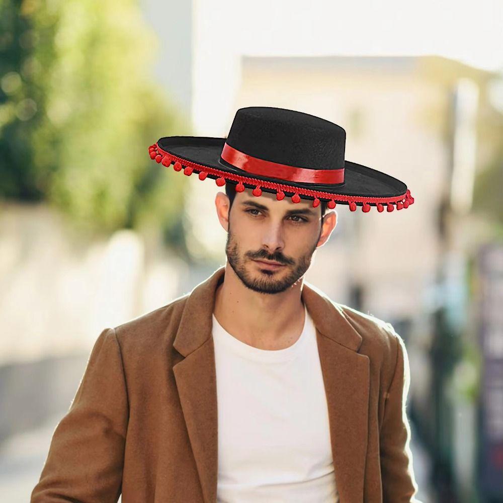 Wide Brim Mexican Hat Costumes Fuzz Ball Spanish-style Hat Mexican Sombrero Hats  Halloween