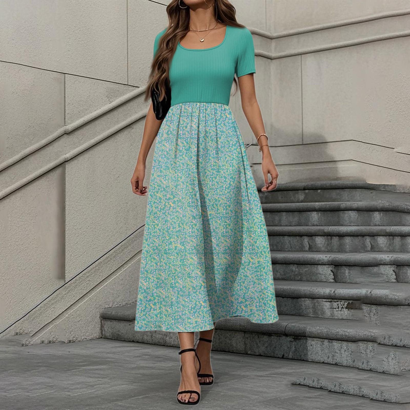 

Женское модное повседневное платье с коротким рукавом и круглым вырезом, с цветочным принтом, элегантное платье с темпераментом XL зелёный