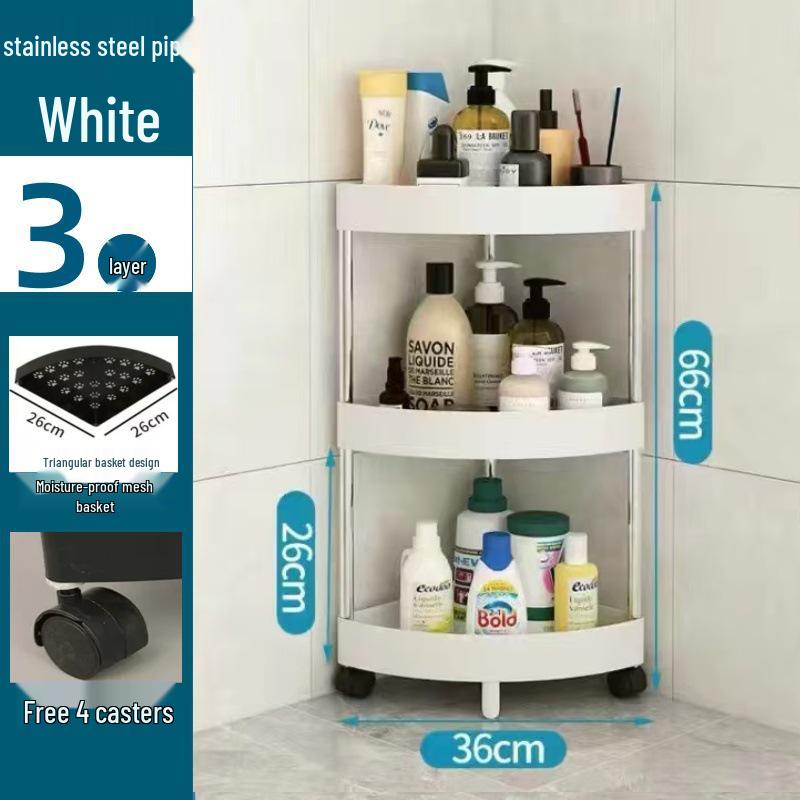 Compact Triangular Bathroom Storage Rack: Multi-Layer, Floor-Standing, Moveable Corner Organizer.