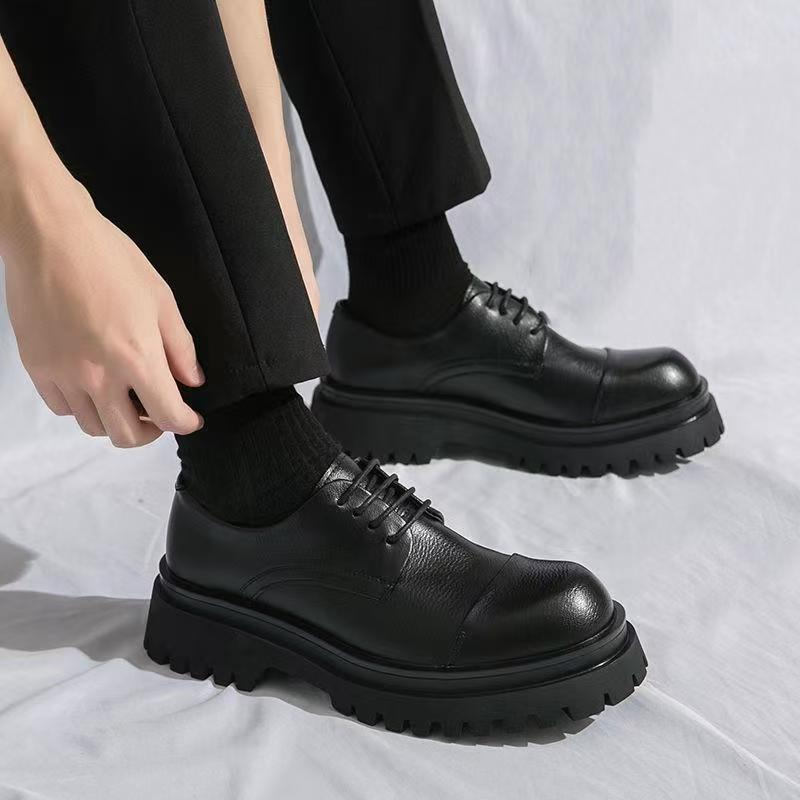 Autumn New Fashion Business Dress Casual Big Head Leather Shoes Men's Platform Heightening Versatile Trend Derby Shoes