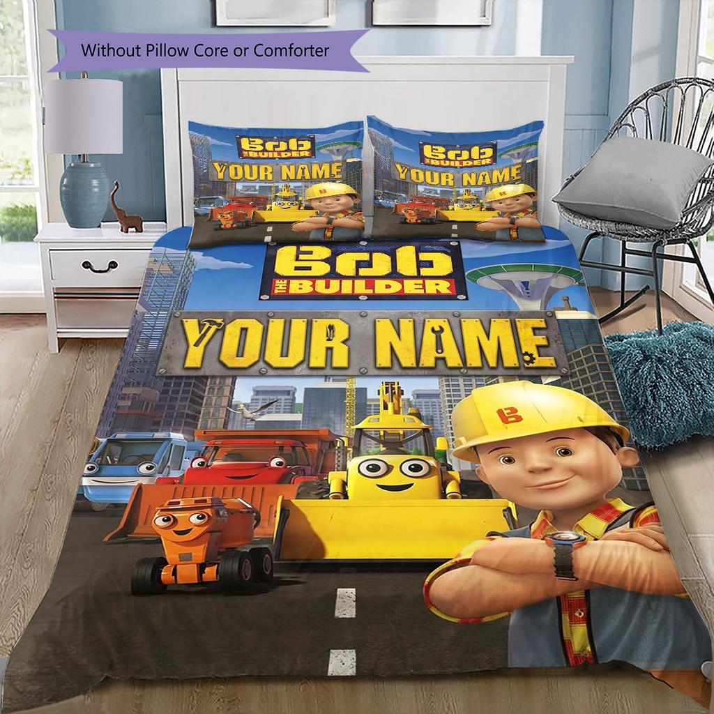Bob Builder Theme Custom Name Pattern Bedding Quilt Set Quilt Cover Pillowcase Home Birthday Gift(1 * duvet cover + 2 * pillowcase, without core)