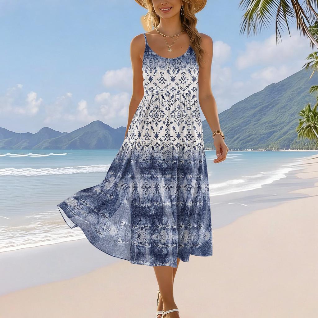 Women's Summer Floral Print Adjustable Strap Bohemian Casual Beach Holiday Midi Dress with Pockets for Relaxed Outings
