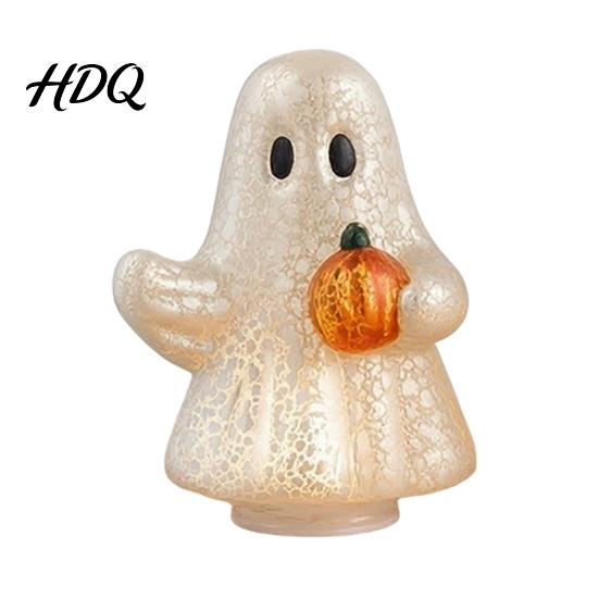 Decorative Figurine for Living Room Light-Up Cute Ghost Resin Figurine Glowing Desktop Ornament Warm LED Luminous Light Halloween Statue Bedroom