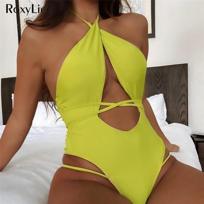 Wrap Around Halter High Cut One Piece Swimsuit Women Swimwear Female Tummy Cut Out Monokini Bather Bathing Suit Swim Lady