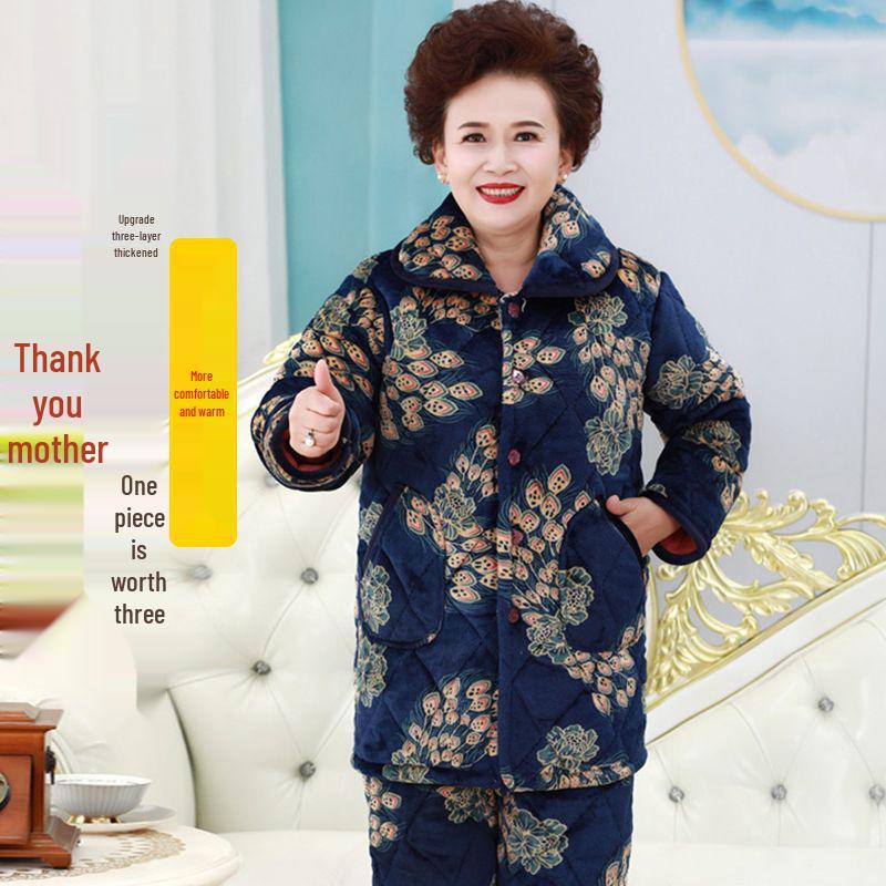 Three-Layer Fleece-Lined Quilted Winter Pajama Set for Elderly Women - Warm Coral Fleece Home Wear & Outerwear