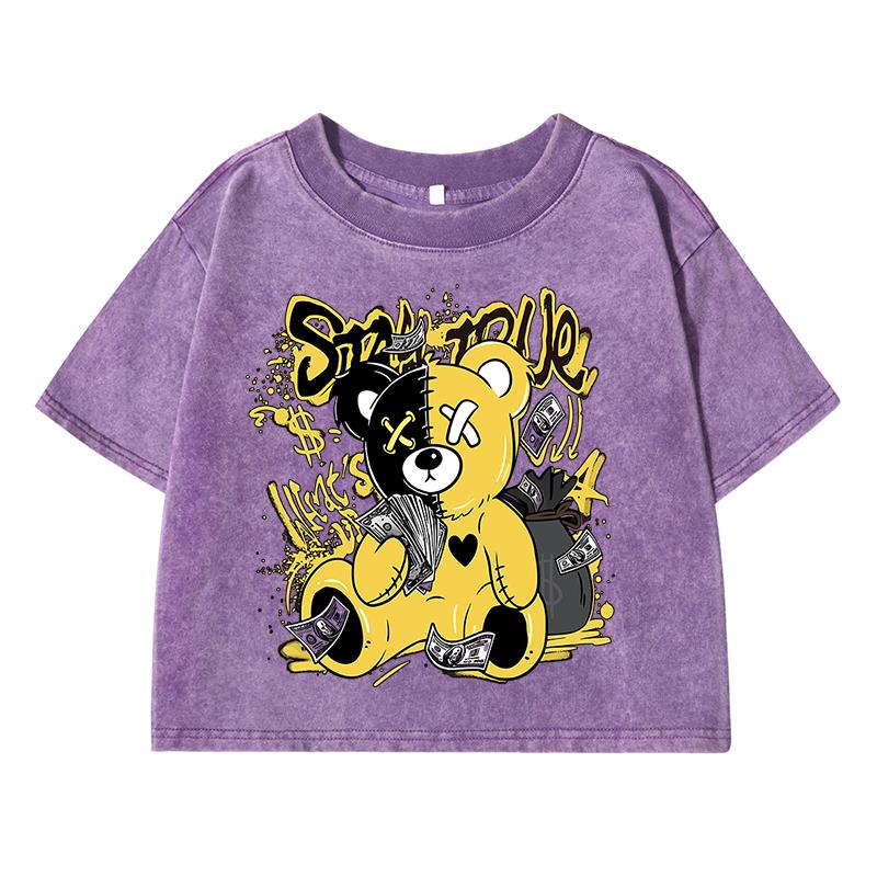 Bear Cartoon Pattern Printing Women Washed Short T-Shirt Soft Tshirts Street Distress T Shirts Sports Breathable Tshirt