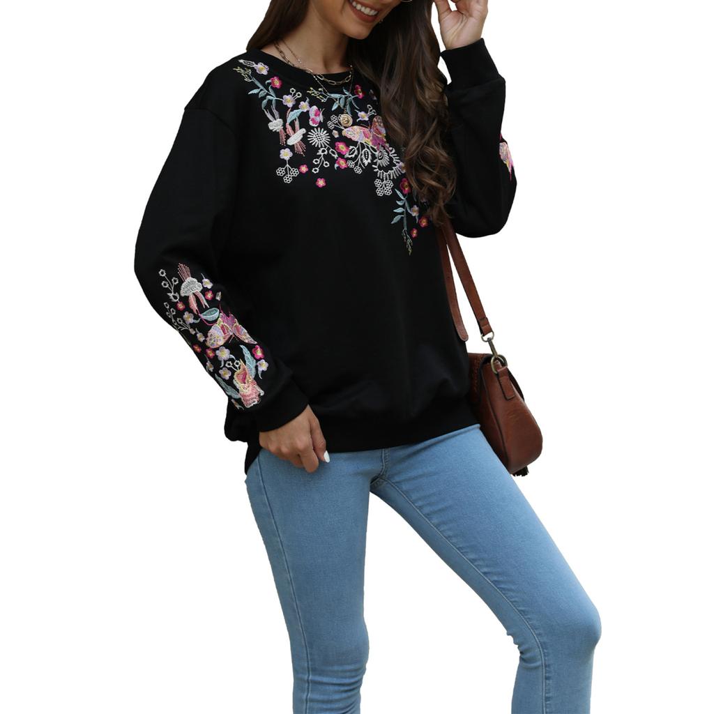 Yousheng Women Sweatshirt Ethnic Style Floral Embroidery Round Neck Long Sleeve Top Contrast Color Spring Fall Top with Elastic Cuffs And Hem