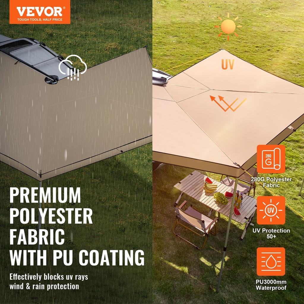 Vehicle Awning 270 Degree, 8.2' Height Retractable Car Side Awning, PU3000mm UV50+ Car Awning with Waterproof Storage Bag, Suitable for Truck, SUV,