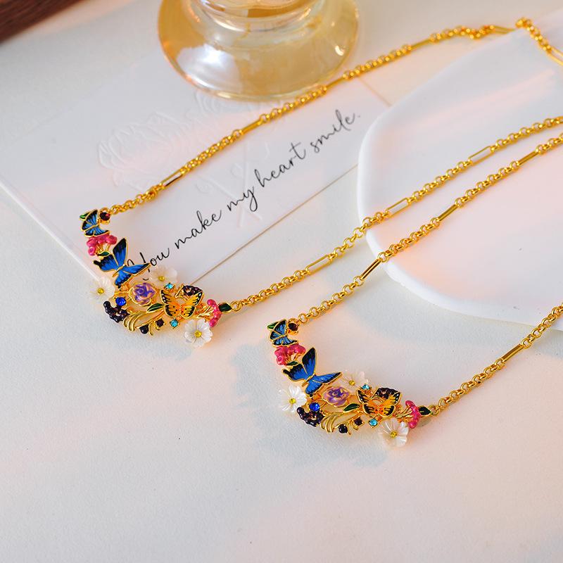 Hand-Painted Enamel Necklace with Romantic Butterfly and Floral Design for Women
