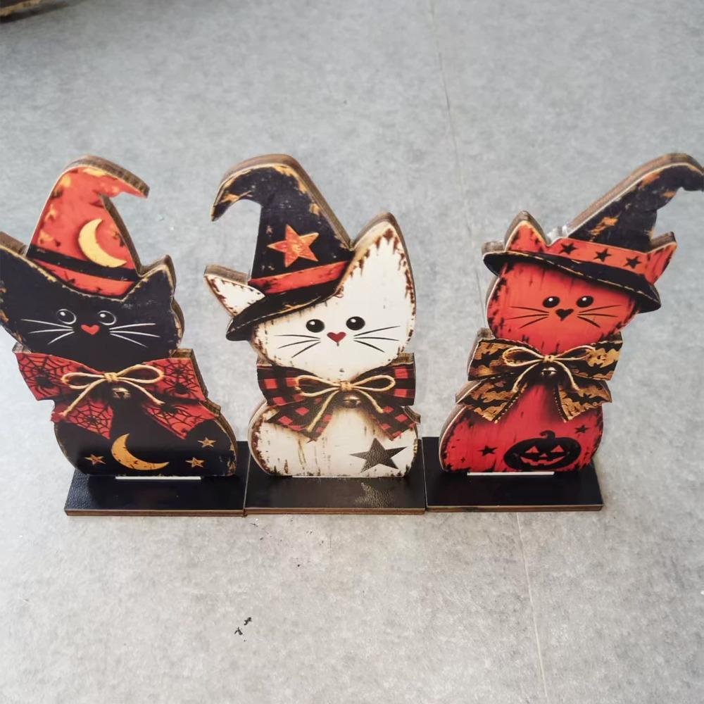 3Pcs Autumn Vintage Black Cat Tabletop Sign Retro Witch Hat Cat Table Ornament Halloween Atmosphere