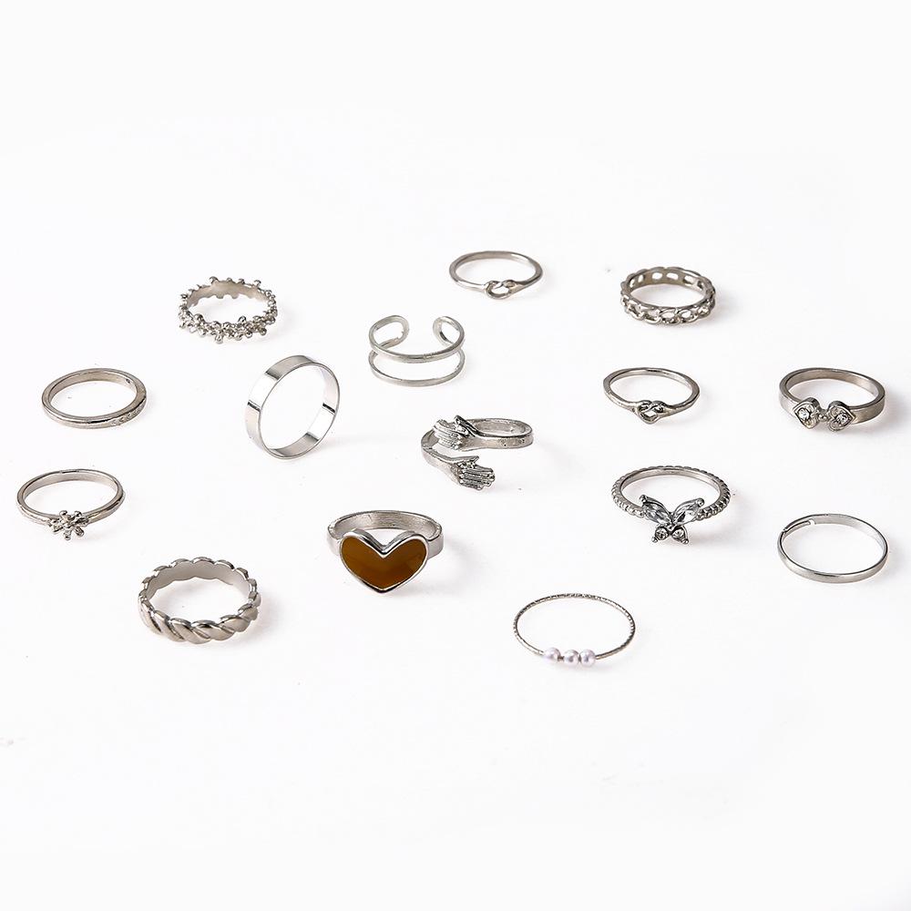 Heart-Shaped Butterfly and Diamond-Accented Braided Ring Set - 15 Pieces