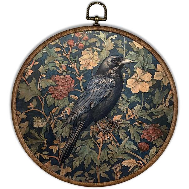 XBBMGG Vintage Moody Crow Wall Art Decor, Gothic Cottagecore William Morris Floral Round Wall Hanging Decor, Dark Academia Raven Framed Canvas Prints
