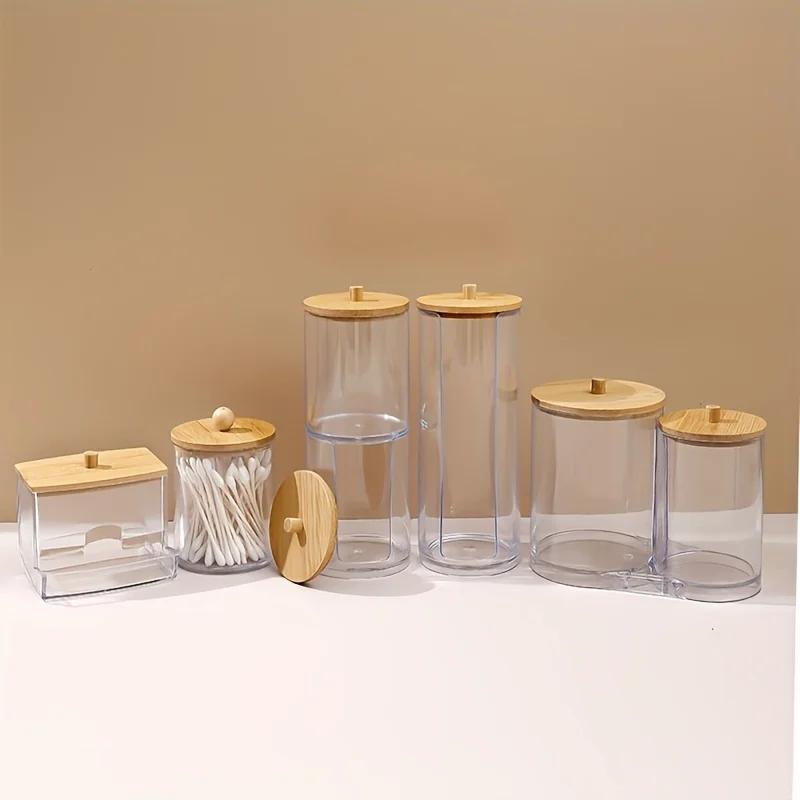 

1pc Bamboo-covered Cotton Swab Box, Acrylic Round Storage Cup, Transparent Cotton Pad Box S чистий