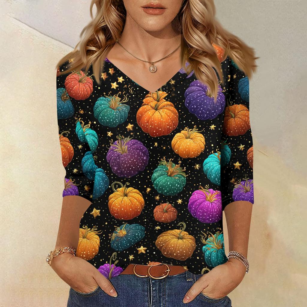 Women's Casual Halloween Print V Neck Three Quarter Sleeve Top Lightweight Soft Fabric Stylish Fit Comfortable Design