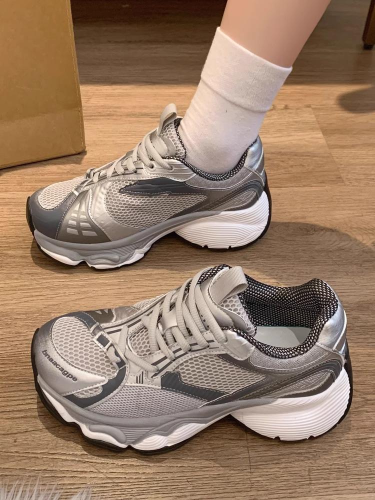 

Stapler dad shoes genuine leather autumn new color matching thick sole heightening lightweight casual sports shoes women 40 серый