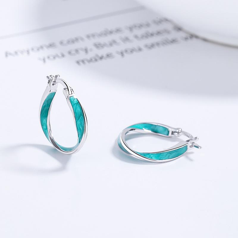 

925 Sterling Silver Green Oil Dripping Hoop Earrings, Oval Huggie Ear Buckle, Hypoallergenic Daily Jewelry for Women срібний