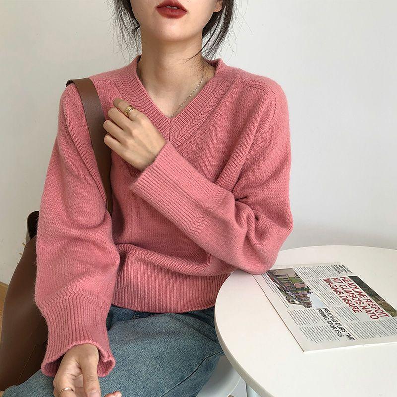 Women's Autumn & Winter French V-Neck Sweater Japanese Lazy Style Retro High-End Knit Top Outer Wear