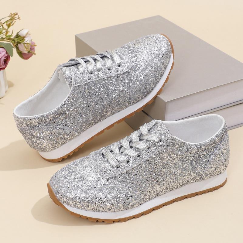 Plus Size Flat Casual Sports Shoes Women's 2025 New Sequin Lace-up Shoes