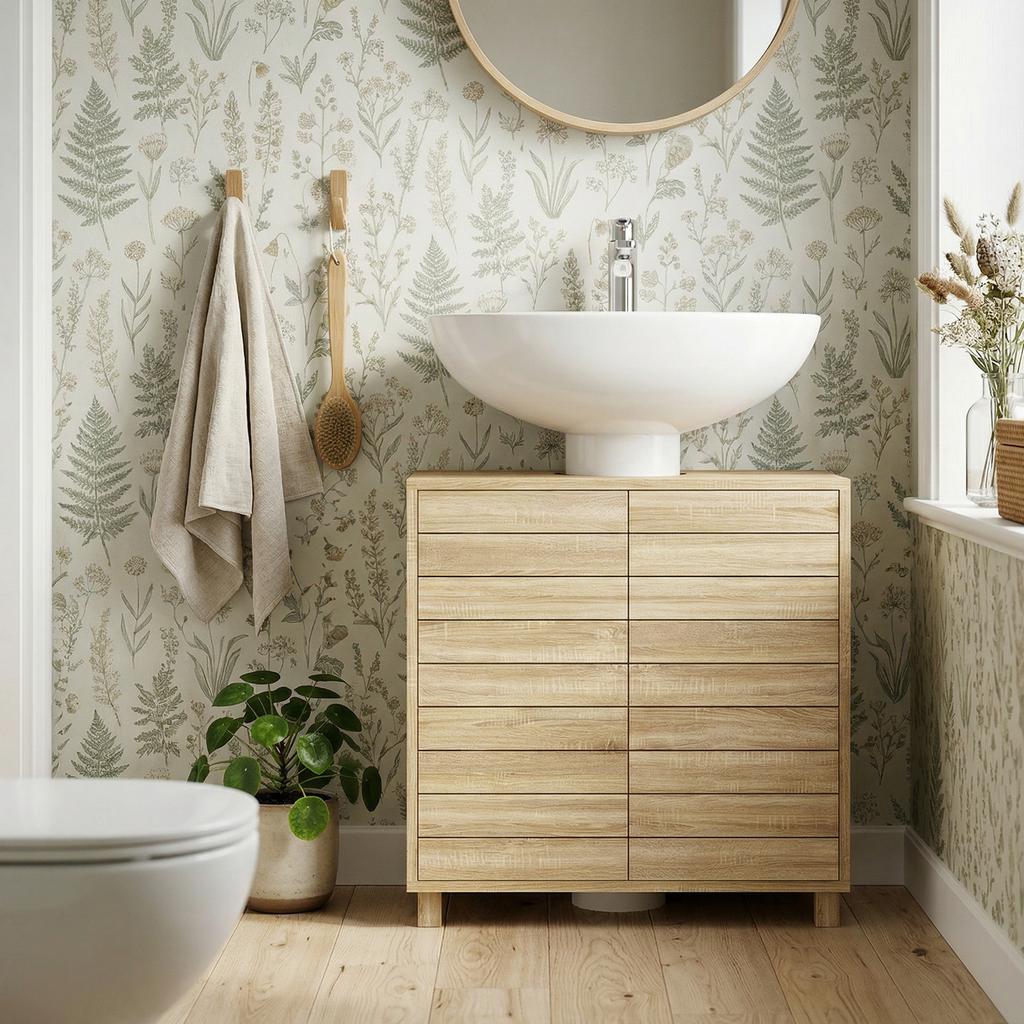 Bathroom Under-Sink Cabinet, U-Shaped Cutout, Slatted Doors, 60 x 30 x 60 cm, Natural