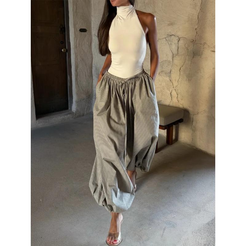 Bornladies Women's Retro Brown Lantern Pants High Waist Trendy Loose Fit Plaid Spring Summer Fashion Trousers