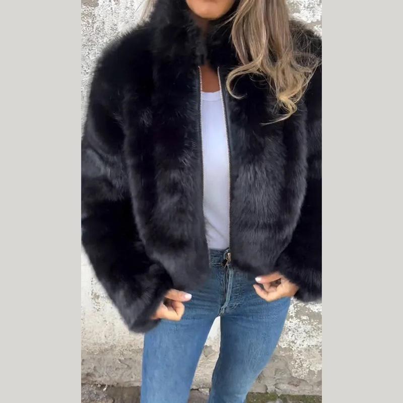 Damen Herbst Winter Vintage Warm Kunstpelz Leichte Dünne Jacke Locker Stehkragen Langarm Mantel Lässige Reißverschluss Oberbekleidung