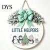 Winter Atmosphere Decor Christmas Wooden Welcome Sign for Front Door, Round Hanging Ornament with Santa Claus Snowman Art Artificial Pine Branches