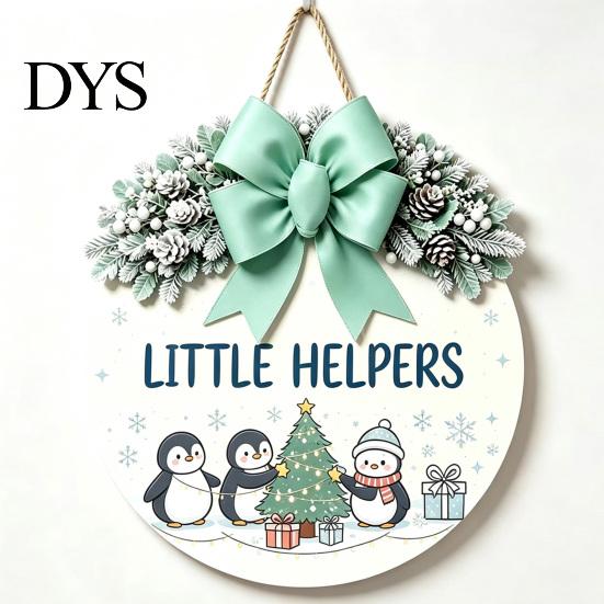 Winter Atmosphere Decor Christmas Wooden Welcome Sign for Front Door, Round Hanging Ornament with Santa Claus Snowman Art Artificial Pine Branches
