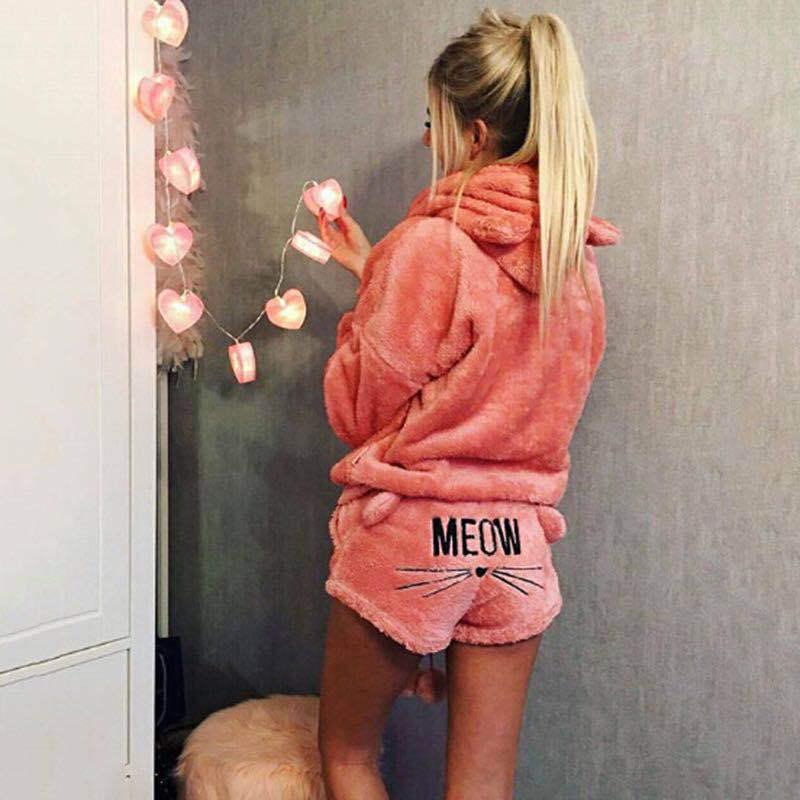 Dámská móda Jednobarevná teplá zimní pyžamová souprava Dvoudílné roztomilé kočičí pyžamo s kapucí Noční oblečení plus size S-5XL