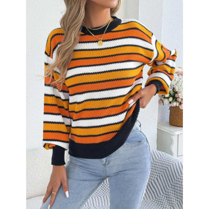 Maglione da Donna Casual a Blocchi di Colore con Strisce, Maniche a Lanterna, Girocollo, Vestibilità Larga