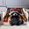 Multi-Size Festive Raccoon with Santa Hat Pattern Blanket Flannel Material Soft Warm for All Seasons Home Outdoor Camping Picnic