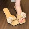Slope heel open-toed one-word slippers for women in summer, new flower-decorated square head cool slippers
