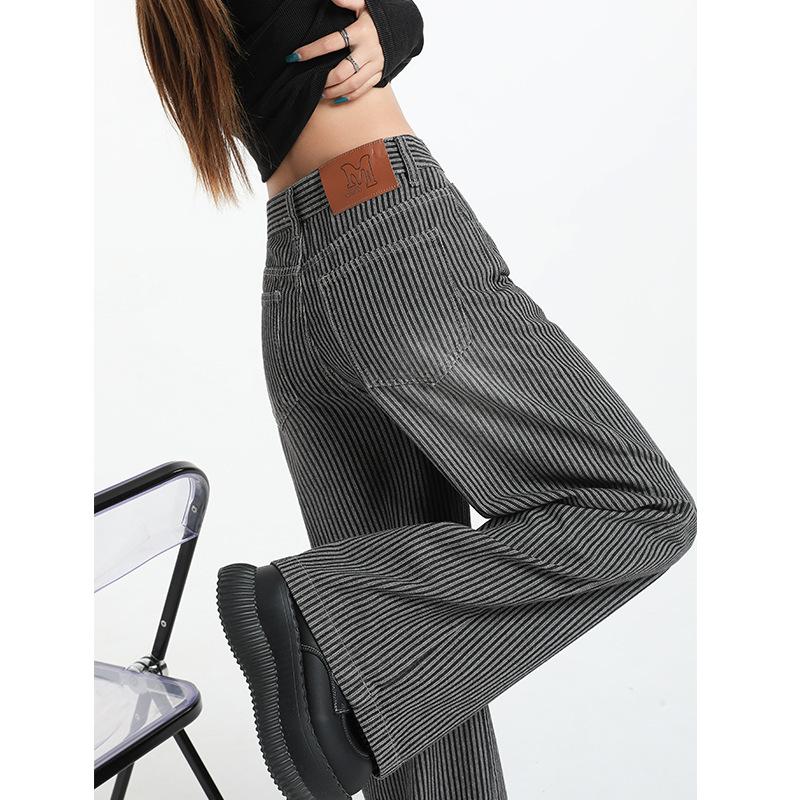 Black and Gray Striped Wide-leg Jeans for Women's Autumn Clothes New Pear-shaped Outfit Draped Floor Straight Pants