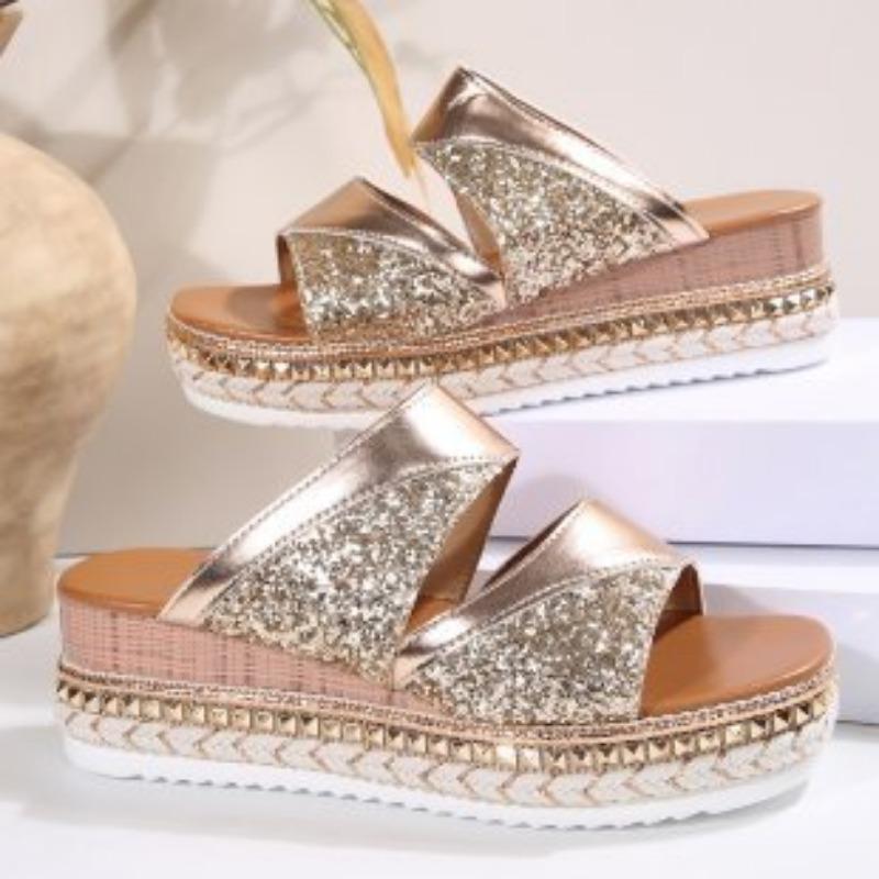 Pantofi Stil Nou Papuci cu Un Umăr Mărimi Mari cu Toc Pană Sandale de Damă cu Talpă Groasă