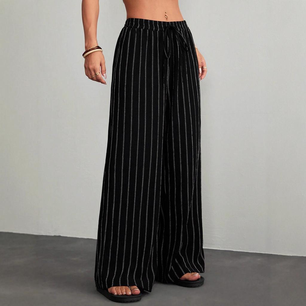 Women's Striped Wide Leg Pants Women's Pinstripe Drawstring Elastic Waist Pants Women's Casual Pants