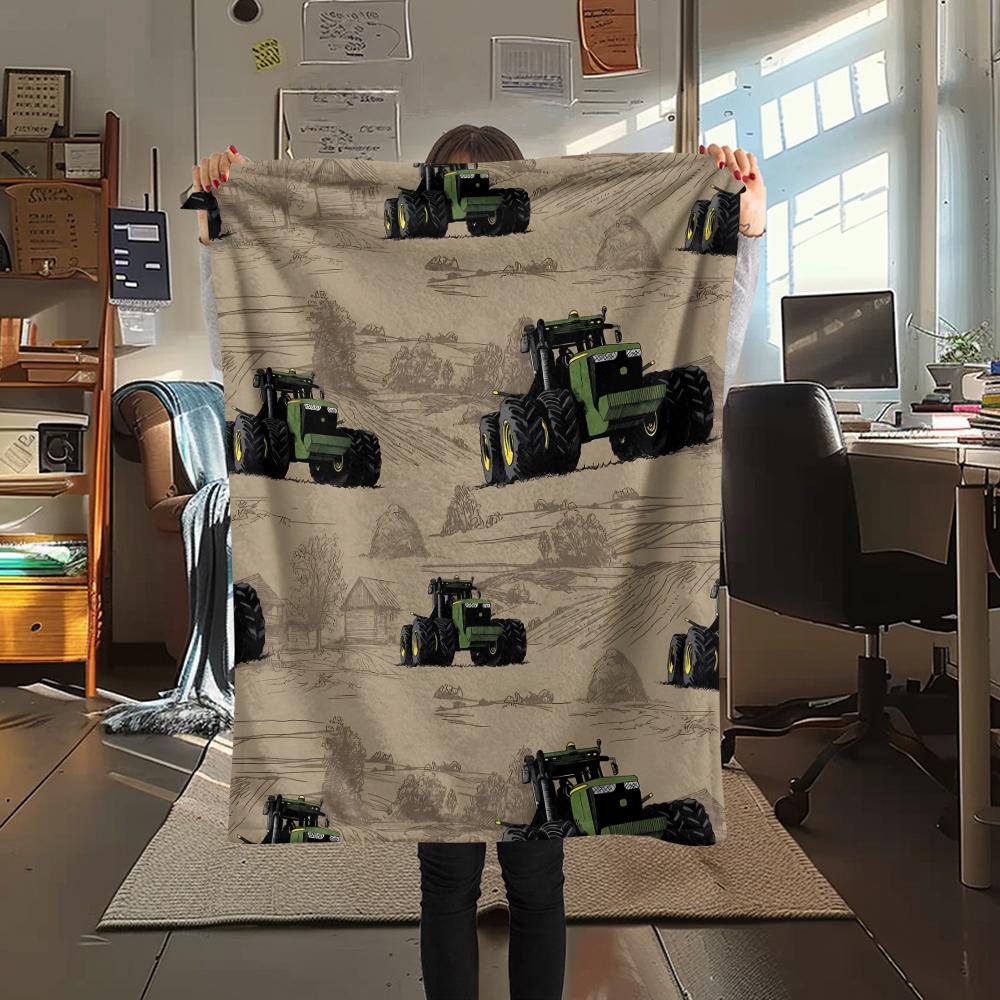 1Pc John Green Tractor Print Flannel Blanket, High Quality Comfortable for All Seasons, Home Decor, Warmth and Comfort, Perfect for Christmas Gifts
