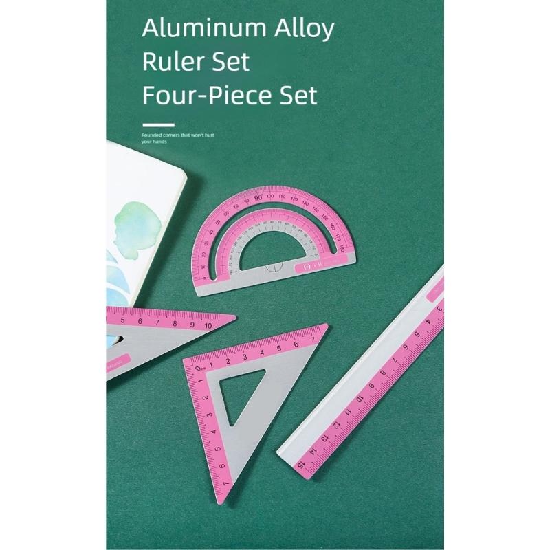 Strong Aluminum Ruler Set 1 Straight 2 Triangles 1 Protractor School Homework Art Projects Measure for Kids Adults